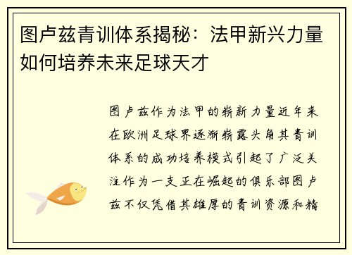 图卢兹青训体系揭秘：法甲新兴力量如何培养未来足球天才