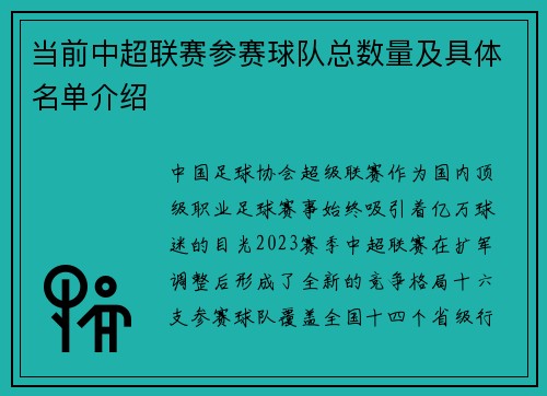 当前中超联赛参赛球队总数量及具体名单介绍