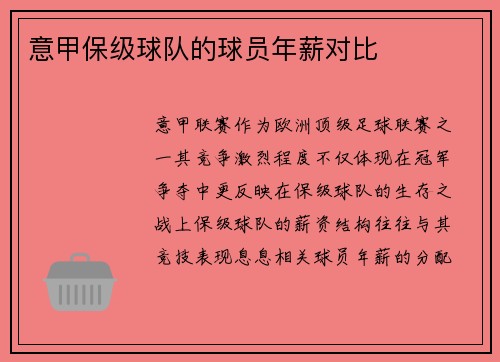 意甲保级球队的球员年薪对比